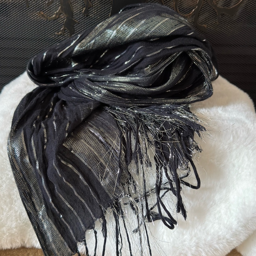 Metallic Black and Silver Metallic Stripe Scarf / Shawl - Picture 4 of 8